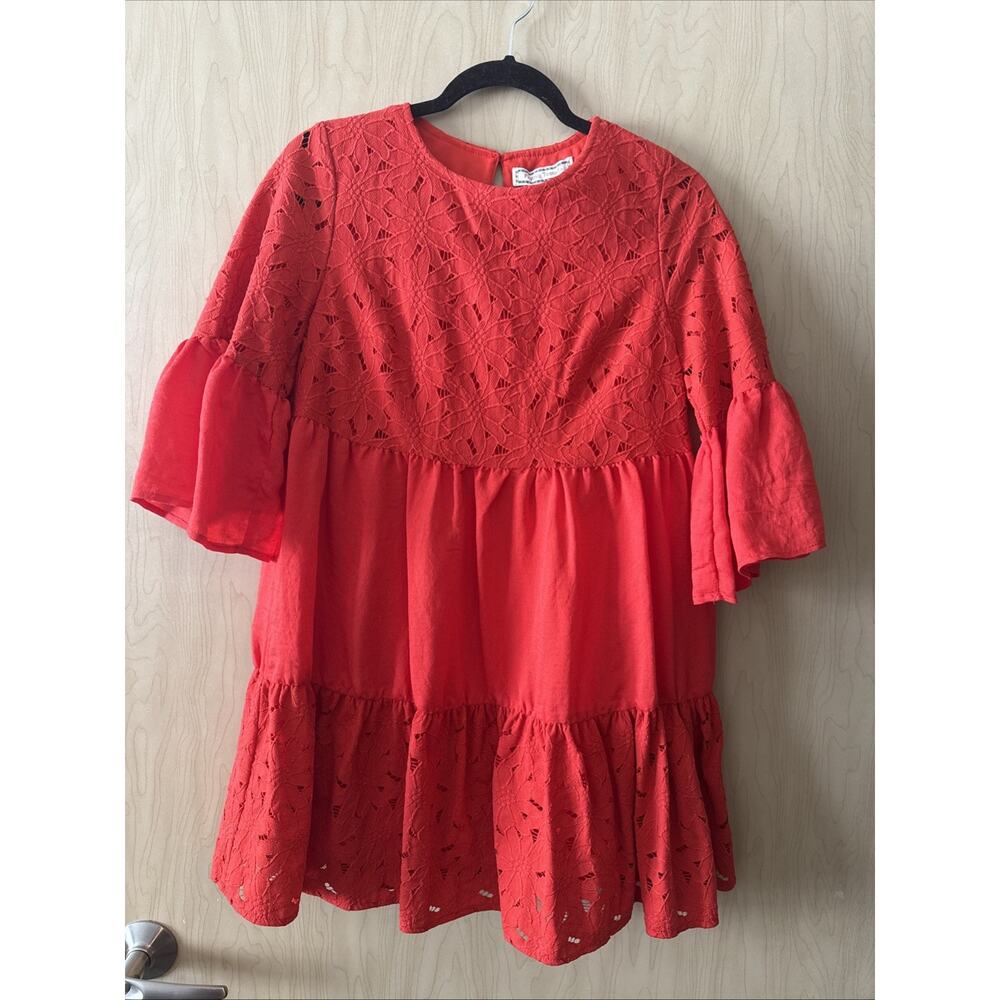 Flying Tomato Red Baby Doll Dress Lace Flutter Sleeve Size Small
